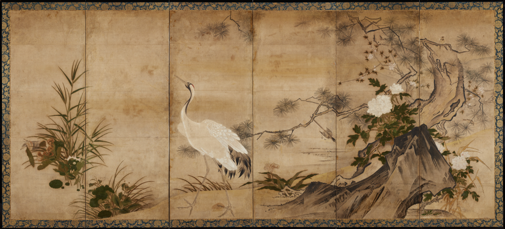鳥と植物の絵画 屏風　大型　6面　174cm×57cm×6面 鳥と植物の絵画 屏風 大型 6面 174cm×57cm×6面